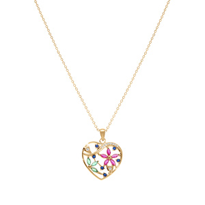 Collier en plaqu� or pendentif coeur avec fleurs oxydes multi couleurs 4 0+5cm - Vue 2
