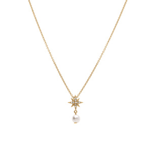 Collier plaqu or forme etoile oxydes blancs et perle blanche imitation  42+3cm - Vue 2