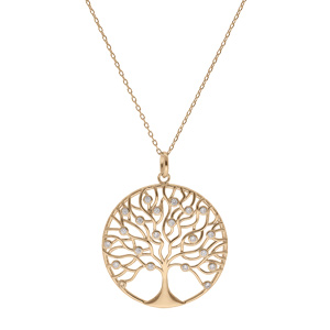 Collier en plaqu� or cha�ne avec pendentif arbre de vie sinueux 30mm et oxydes blancs sertis 42+3cm - Vue 2