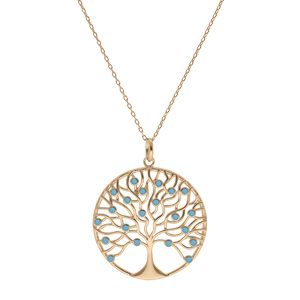 Collier en plaqu� or cha�ne avec pendentif arbre de vie sinueux 30mm et oxydes sertis couleur turquoise 42+3cm - Vue 2