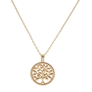 Collier en plaqu� or cha�ne avec pendentif rond torsad� avec arbre de vie 17mm d�coup� 42+3cm - Vue 2