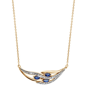 Collier en plaqu� or cha�ne avec pendentif grappe avec 3 navettes en oxydes bleus et rails d\'oxydes blancs sertis - longueur 42cm + 3cm de rallonge - Vue 2