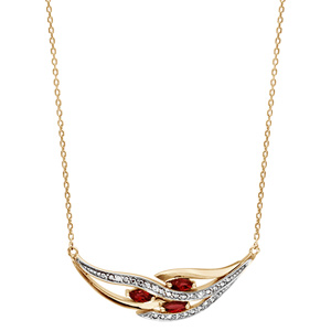 Collier en plaqu� or cha�ne avec pendentif grappe avec 3 navettes en oxydes rouges et rails d\'oxydes blancs sertis - longueur 42cm + 3cm de rallonge - Vue 2