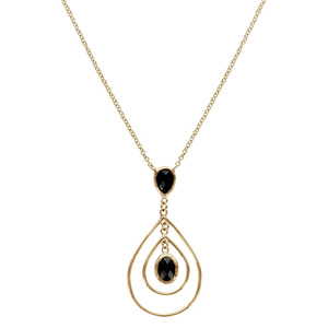 Collier en plaqu� or cha�ne avec pendentif oxyde noir retenant 2 gouttes en fil suspendues et oxyde ovale noir suspendu au milieu - longueur 40cm + 4cm de rallonge - Vue 2
