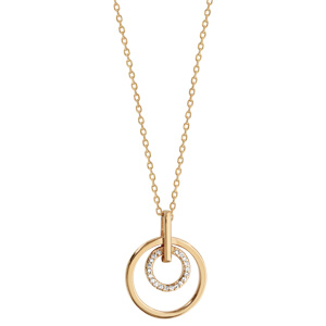 Collier en plaqu� or cha�ne avec pendentif 1 anneau lisse et 1 anneau orn� d\'oxydes blancs � l\'int�rieur - longueur 45cm - Vue 2