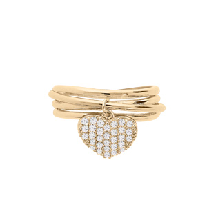 Bague en plaqu� or 4 anneaux r�unis et pampille coeur oxydes blancs - Vue 2