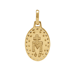 Pendentif en plaqu or 15mm ovale recto verso miraculeuse contour oxydes blancs sertis - Vue 2