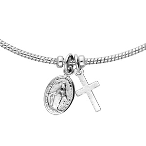 Bracelet en argent rhodi� semi rigide avec pampilles Croix et miraculeuse r�glable - Vue 3