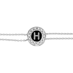 Bracelet en argent rhodi� double cha�ne pastille ronde recto initiale H verso noir avec contour oxydes blancs sertis 16+3cm - Vue 3