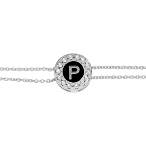 Bracelet en argent rhodi� double cha�ne pastille ronde recto initiale P verso noir avec contour oxydes blancs sertis 16+3cm - Vue 3