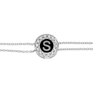 Bracelet en argent rhodi� double cha�ne pastille ronde recto initiale S verso noir avec contour oxydes blancs sertis 16+3cm - Vue 3