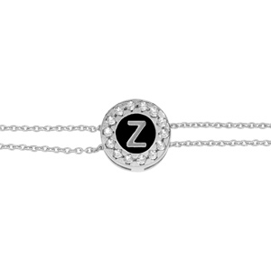 Bracelet en argent rhodi� double cha�ne pastille ronde recto initiale Z verso noir avec contour oxydes blancs sertis 16+3cm - Vue 3