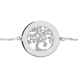 Bracelet en argent rhodi� cha�ne avec m�daillon pr�noms � graver motif arbre de vie granit� 20mm 16+3cm - Vue 3