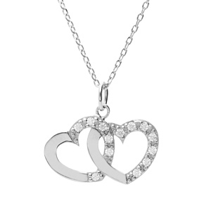 Collier en argent platin� cha�ne avec pendentif double coeur pr�nom � graver avec oxydes blancs sertis 42+3cm - Vue 3