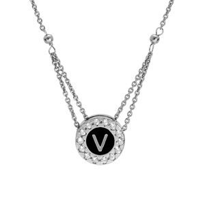Collier en argent rhodi� cha�ne avec pendentif rond initiale V recto couleur blanche et verso noir et contour oxydes blancs sertis longueur 40+5cm - Vue 3