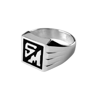 Chevali�re en argent plateau carr� en onyx synth�tique et godrons sur les c�t�s - Vue 3