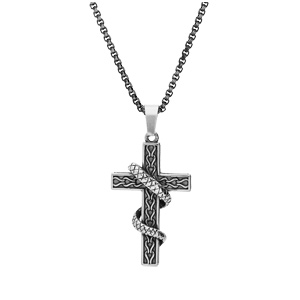 Collier en acier patin� cha�ne avec pendentif croix et serpent enroul� 50+10cm - Vue 3