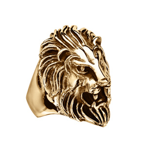 Bague en acier dor� et patine t�te de lion - Vue 3