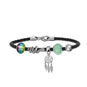 Bracelet en cuir noir tress� pour charms et fermoir en argent rhodi� - longueur 17,5cm - Vue 3