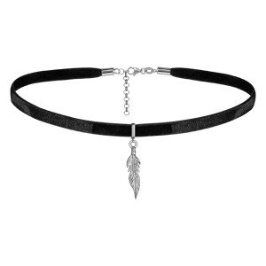 Ruban choker en velours noir et fermoir en argent rhodié et pendentif plume - longueur 29cm + 5cm de rallonge - Vue 1