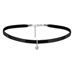 Ruban choker en velours noir et fermoir en argent rhodié et pendentif solitaire oxyde rond blanc - longueur 29cm + 5cm de rallonge - Vue 1