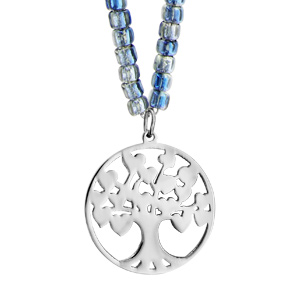 Sautoir acier et perles de verres bleues avec pendentif arbre de vie 80+5cm - Vue 1
