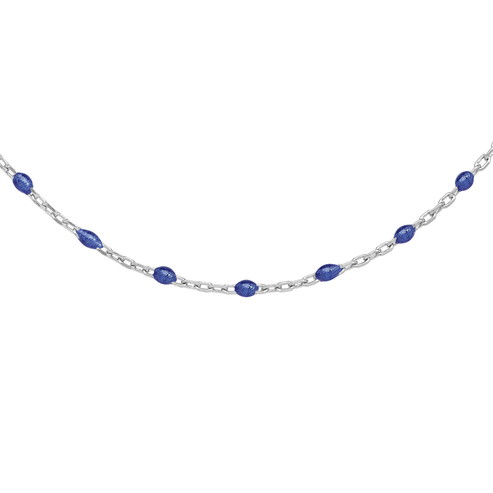 Sautoir en argent rhodi� avec perles bleu fonc� 60+10cm - Vue 1