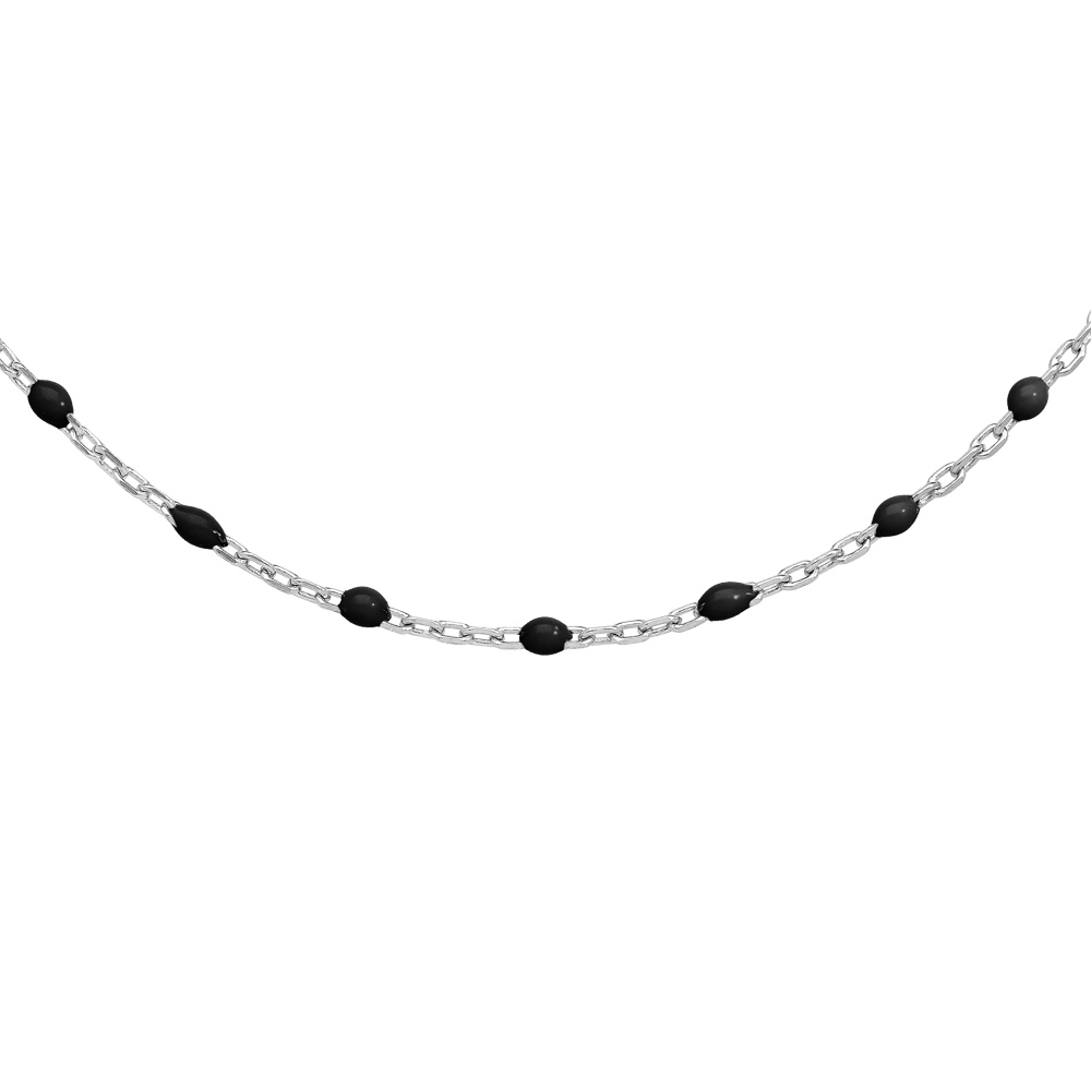 Sautoir en argent rhodi� avec perles noires 60+10cm - Vue 1
